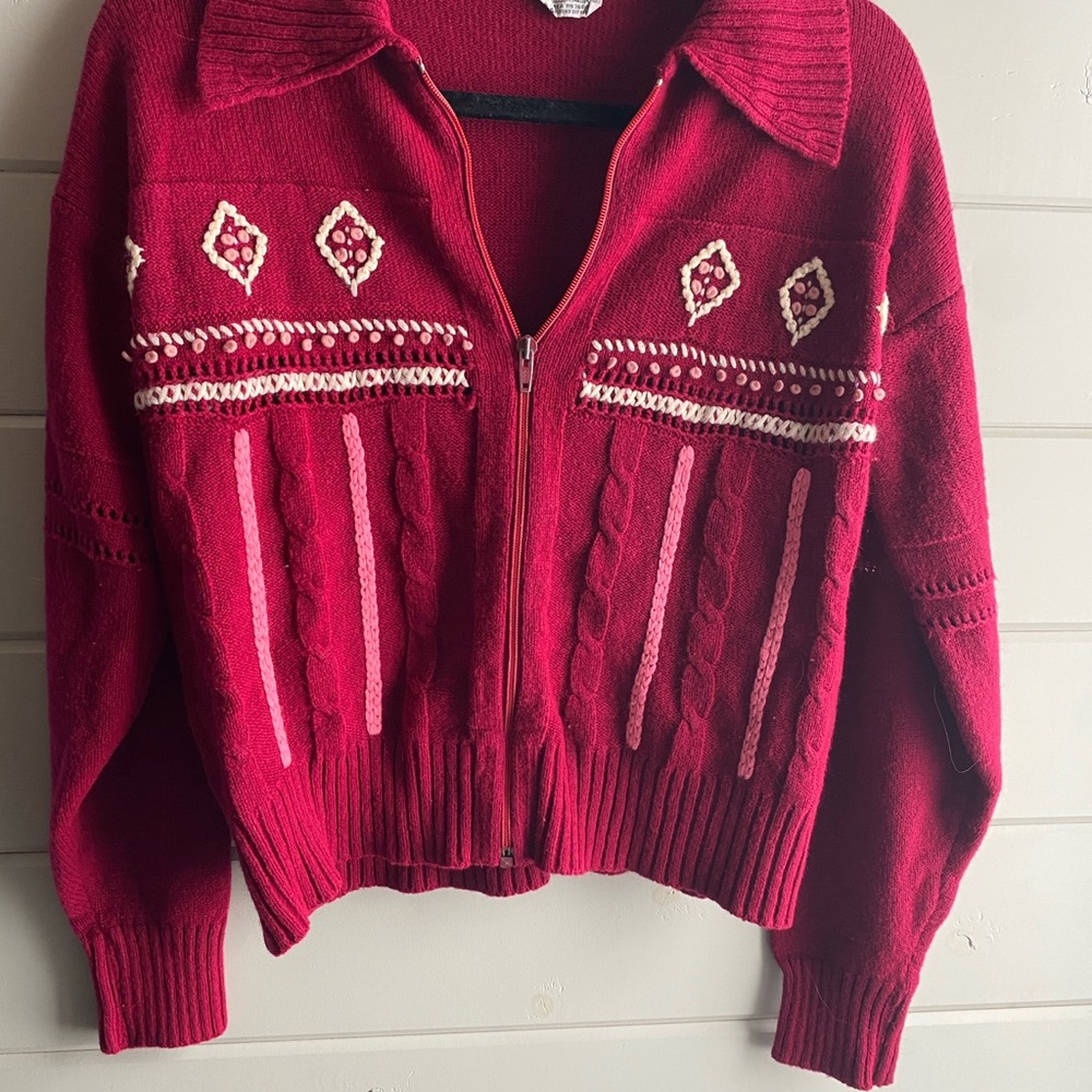Vintage Red Knit Zip Cardigan Sweater – Size L